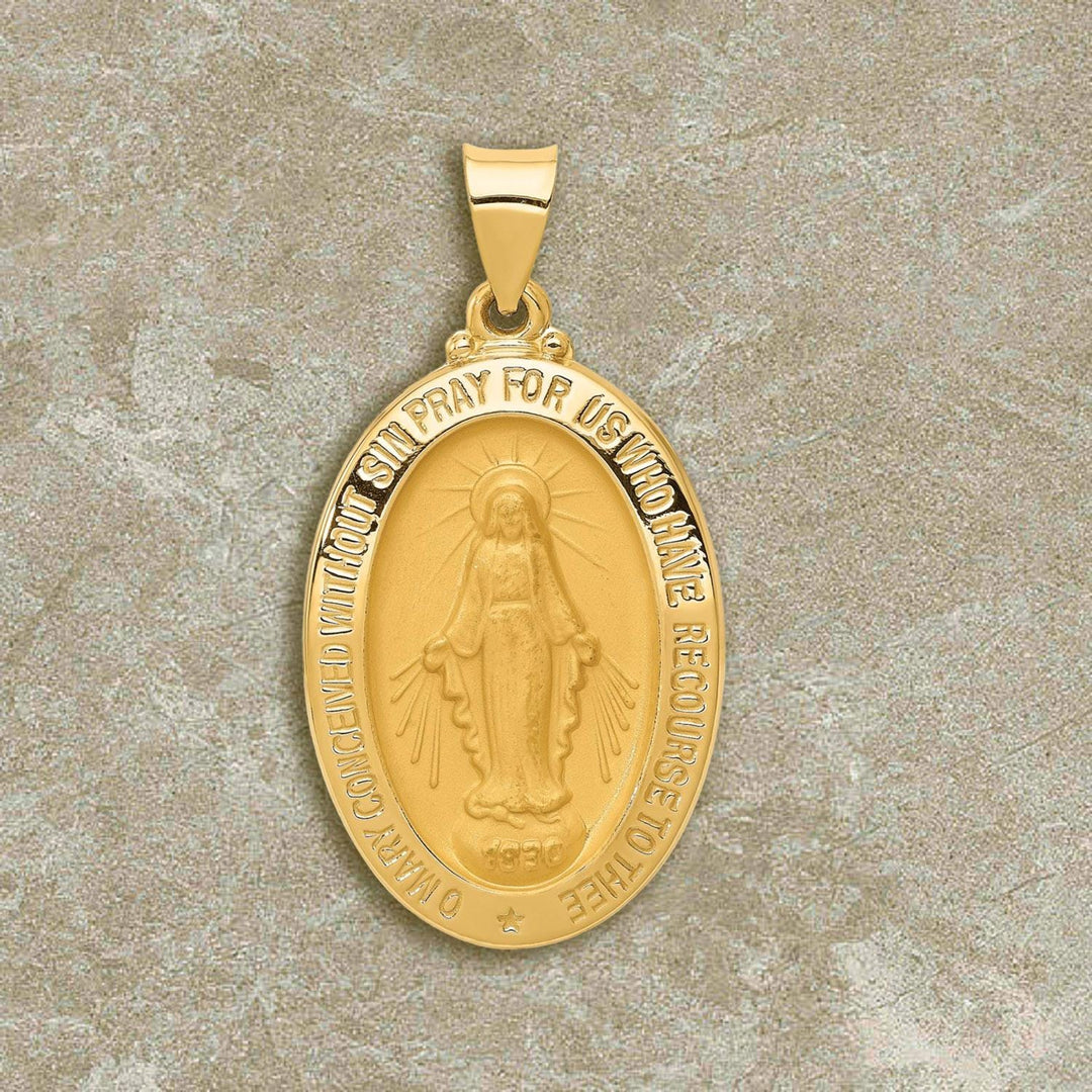 14K Yellow or White Gold Miraculous Medal Pendant Oval - Size: 29x18mm - 1' inch
