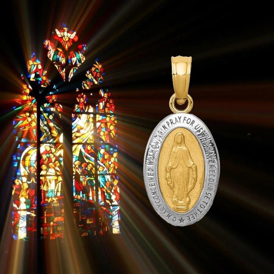 14K Two-tone Gold Miraculous Medal Pendant Charm Oval - Size: 15x8.5 with Chain Option