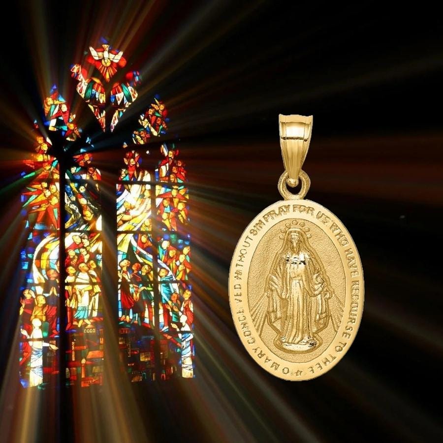 14K Yellow or White Gold Miraculous Medal Pendant Charm Oval - Size: 17.5x11.3 with Chain Option