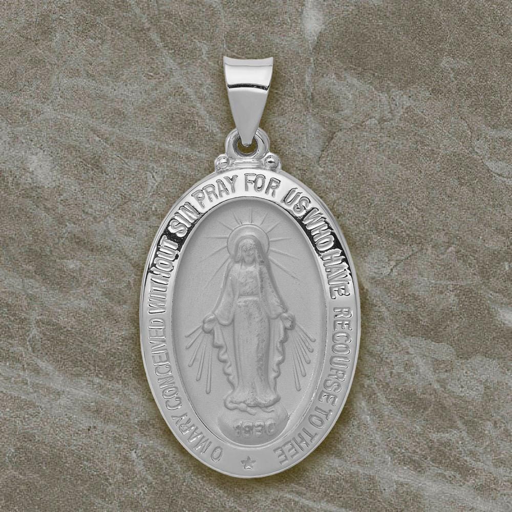 14K Yellow or White Gold Miraculous Medal Pendant Oval - Size: 29x18mm - 1' inch