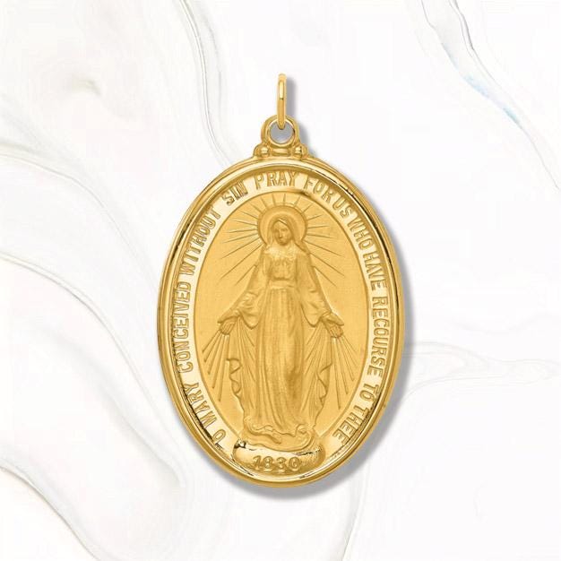 Solid 14K Gold Extra Large Oval Miraculous Medal Pendant