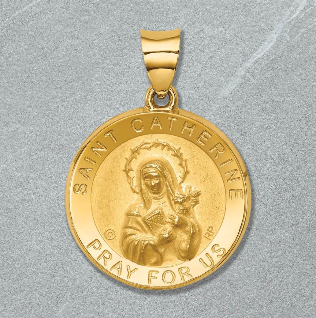 St. Catherine Round Medal Pendant made in 14K Gold