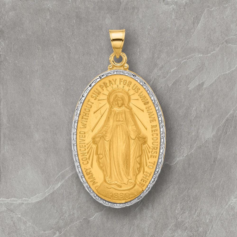 14K Gold Miraculous Medal Oval Pendant - 7 sizes - White Rhodium Border