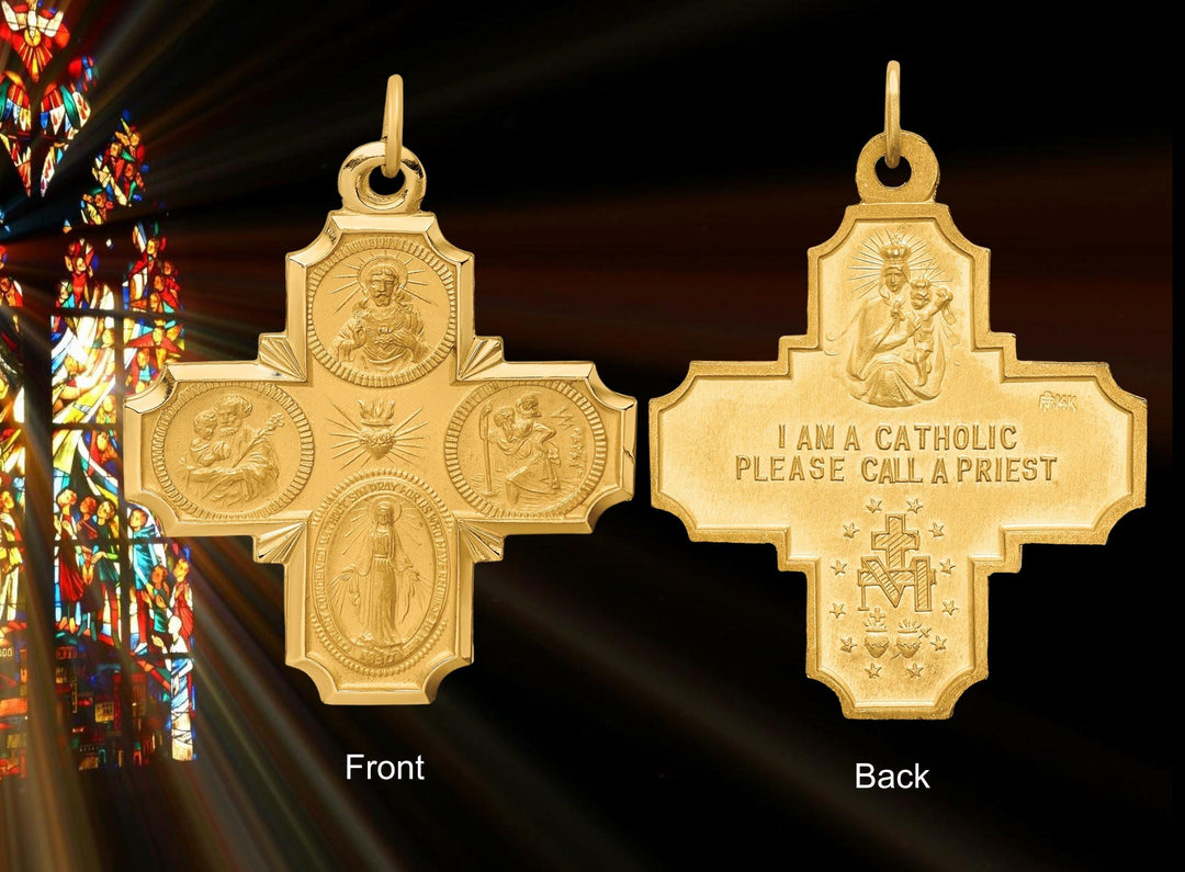 14K Gold Solid Extra Large 4-Way Medal Pendants - with Necklace Chain Options