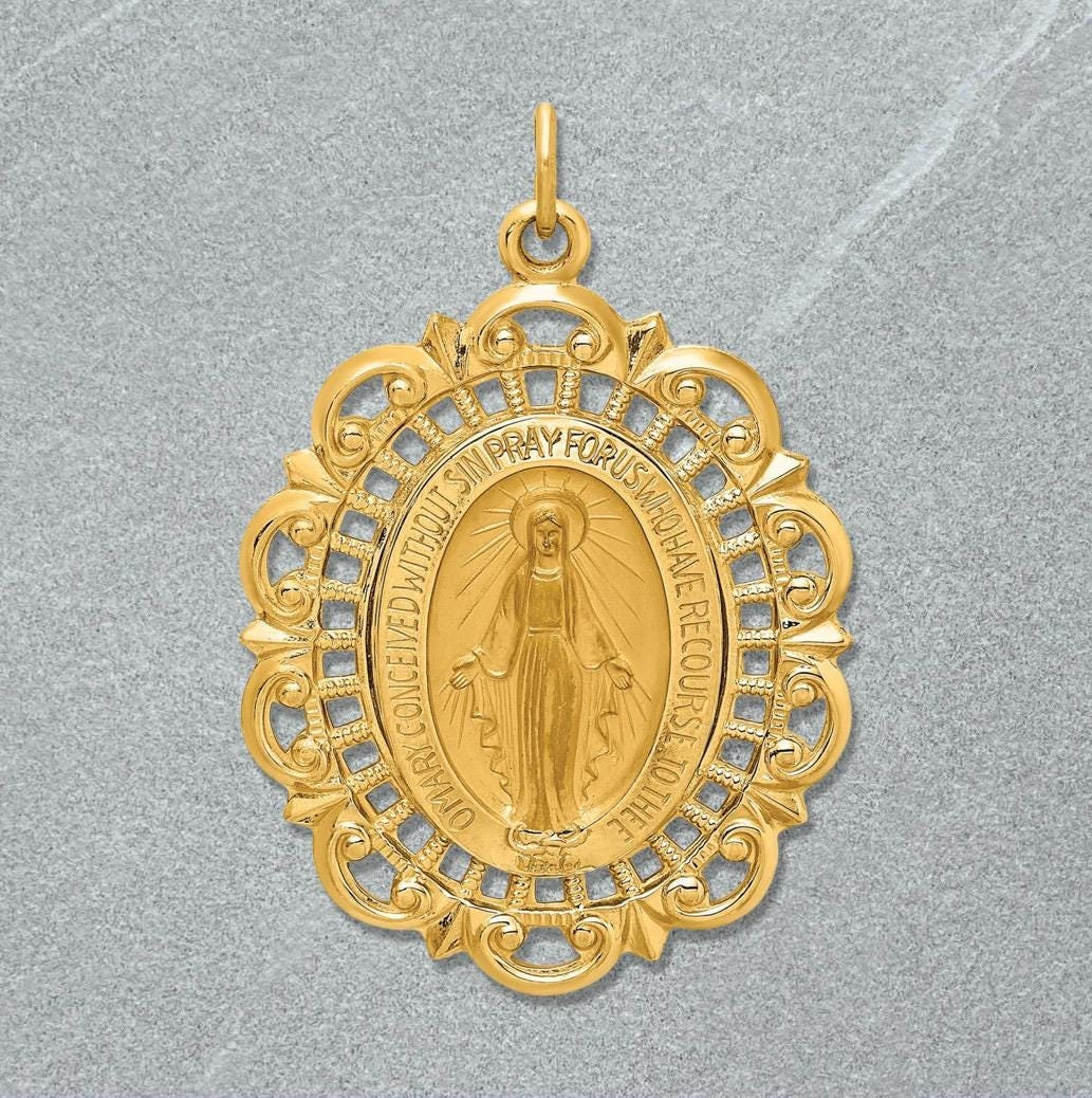 14k Solid Gold Oval Miraculous Medal with Fancy Lace Filigree Border Frame available in 3 sizes - with Necklace Chain Options
