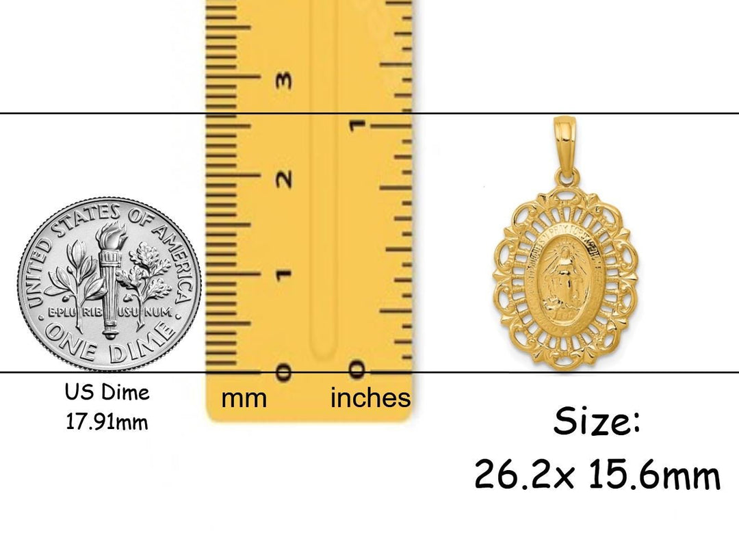 14k Solid Gold Oval Miraculous Medal with Fancy Lace Filigree Border Frame available in 3 sizes - with Necklace Chain Options