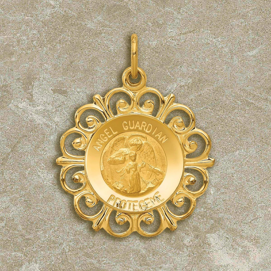 14K Gold Spanish Guardian Angel Medal Pendant with Filigree Lace Border - with Chain Necklace options