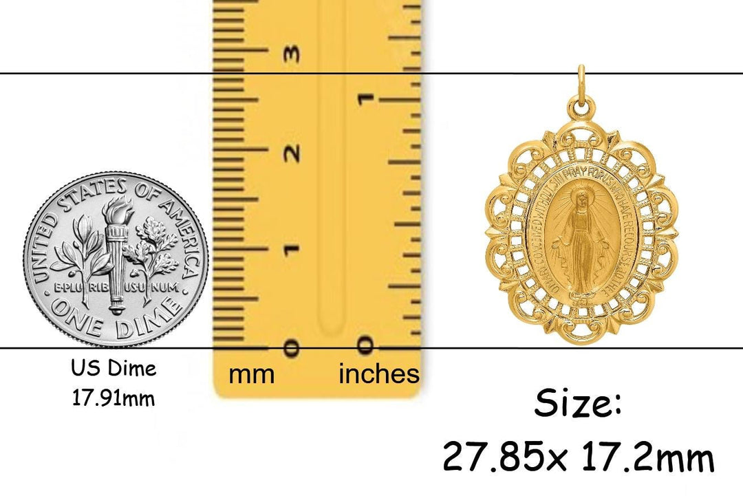 14k Solid Gold Oval Miraculous Medal with Fancy Lace Filigree Border Frame available in 3 sizes - with Necklace Chain Options