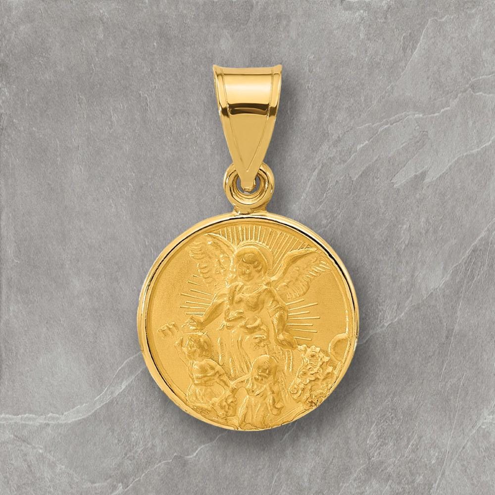 14k Solid Gold Our Guardian Angel Medal Pendants Polished and Satin finish - with Necklace Chain Options