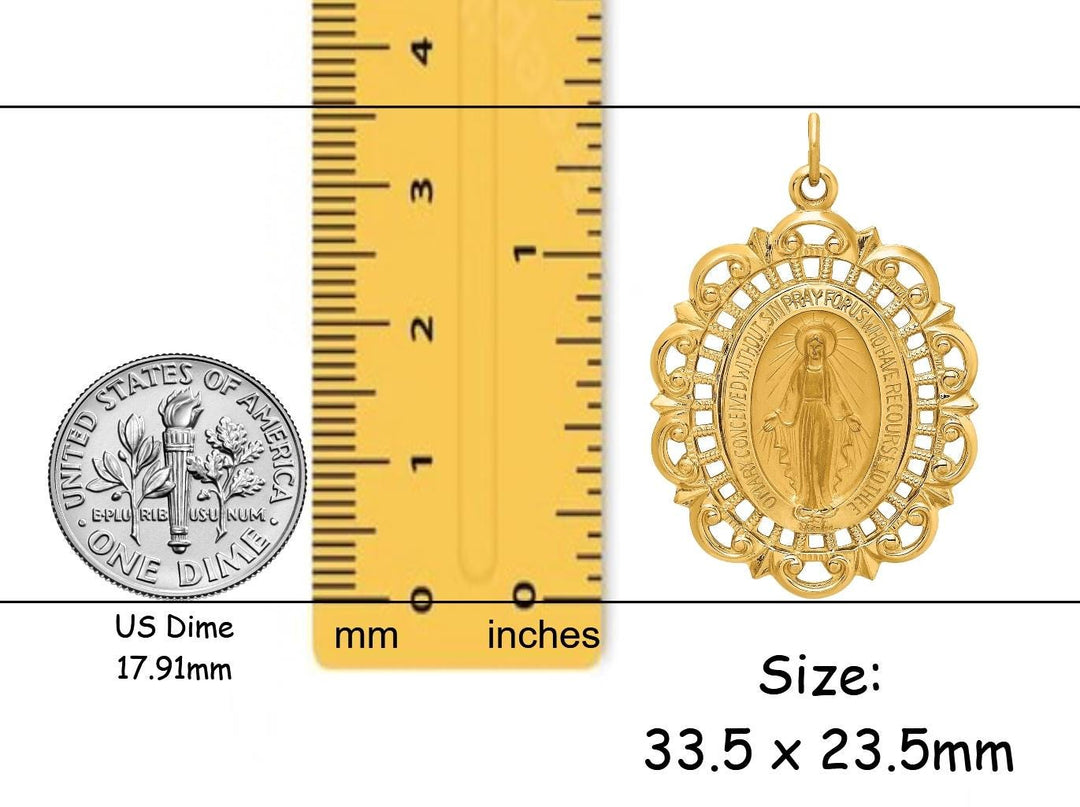 14k Solid Gold Oval Miraculous Medal with Fancy Lace Filigree Border Frame available in 3 sizes - with Necklace Chain Options
