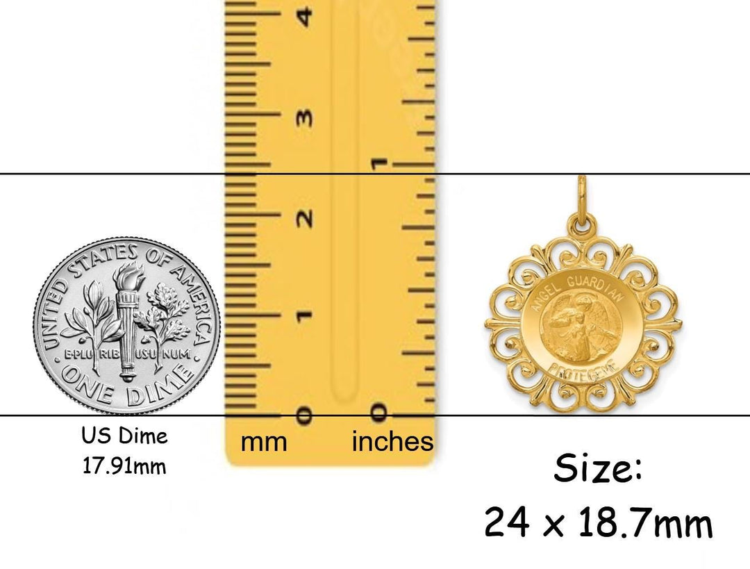 14K Gold Spanish Guardian Angel Medal Pendant with Filigree Lace Border - with Chain Necklace options