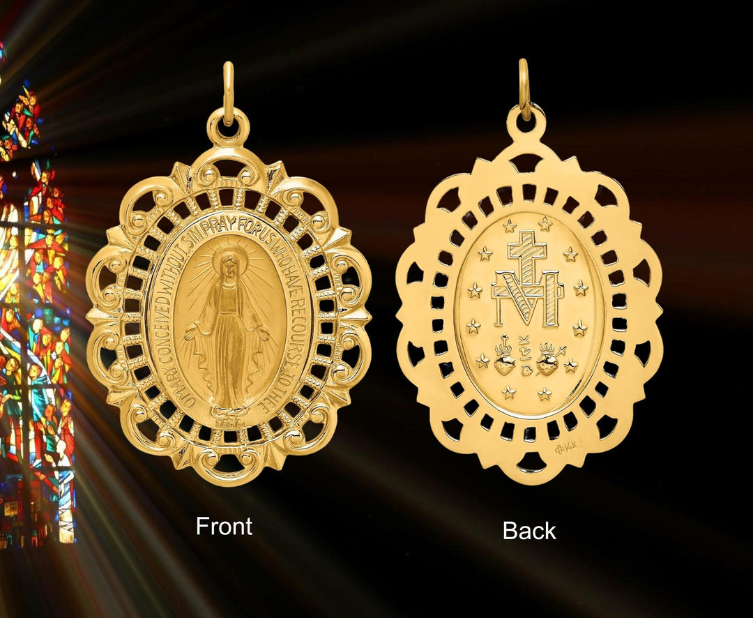 14k Solid Gold Oval Miraculous Medal with Fancy Lace Filigree Border Frame available in 3 sizes - with Necklace Chain Options