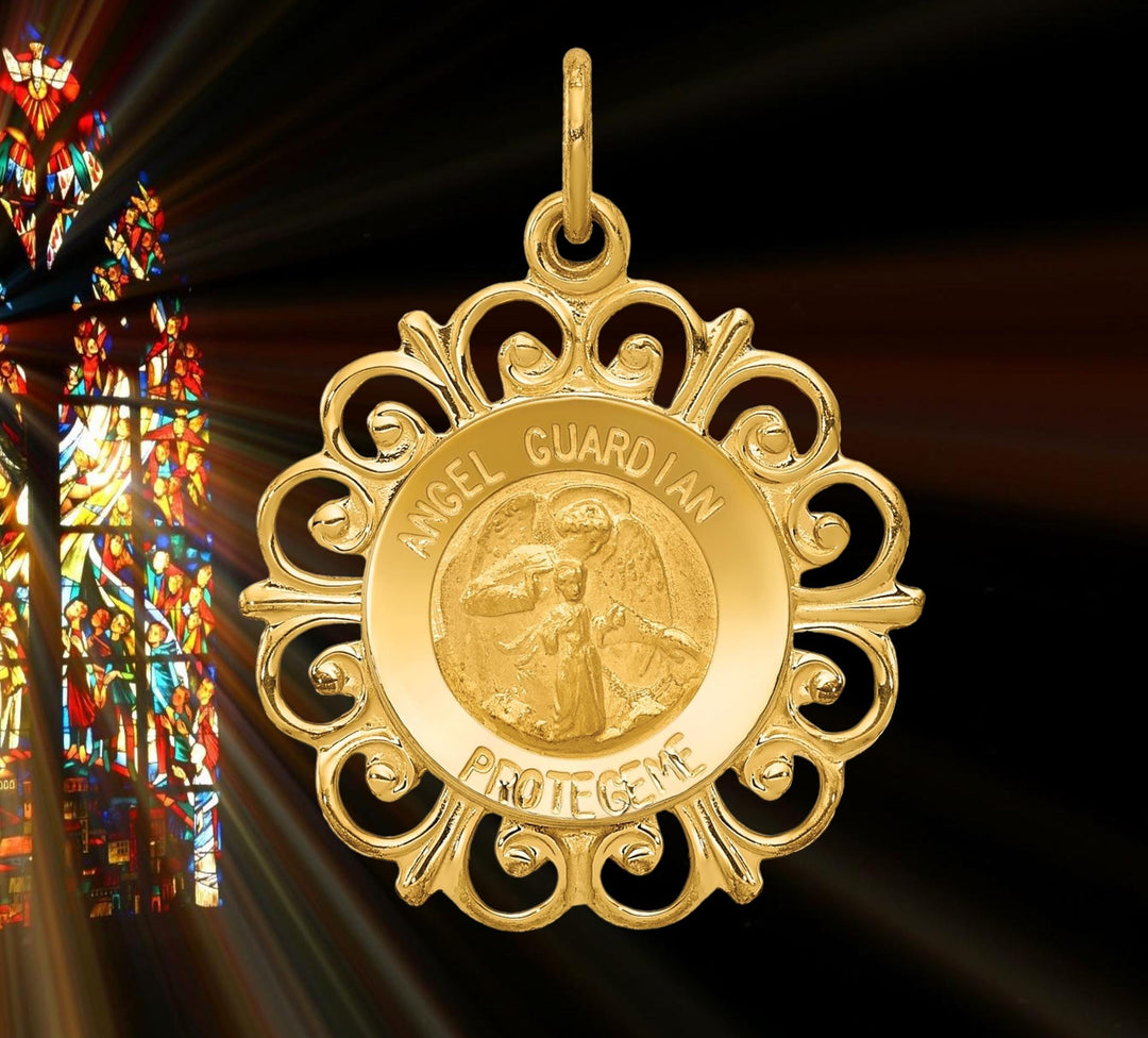 14K Gold Spanish Guardian Angel Medal Pendant with Filigree Lace Border - with Chain Necklace options