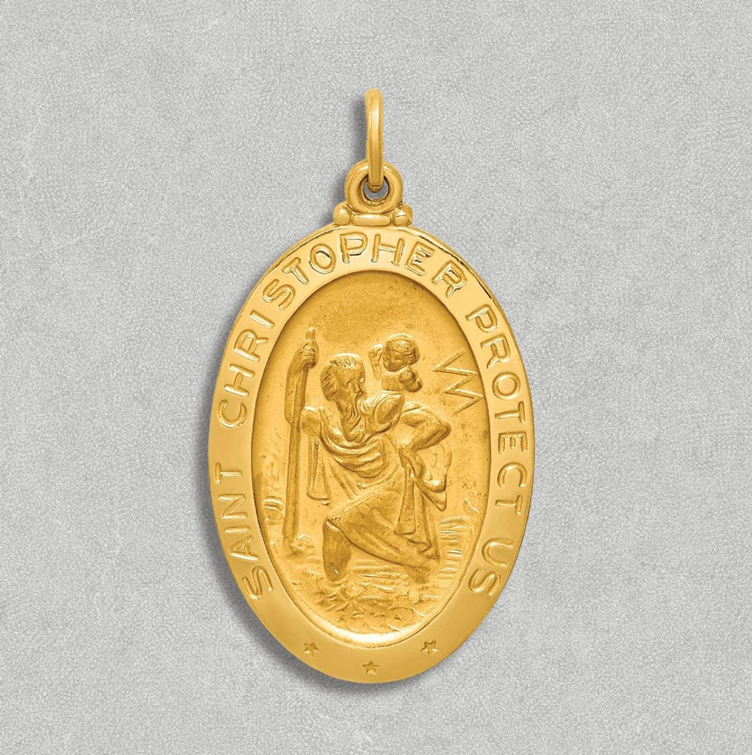 14K Solid Medium Oval St. Christopher Medal Pendants - Custom Engravable with Necklace Chain Options
