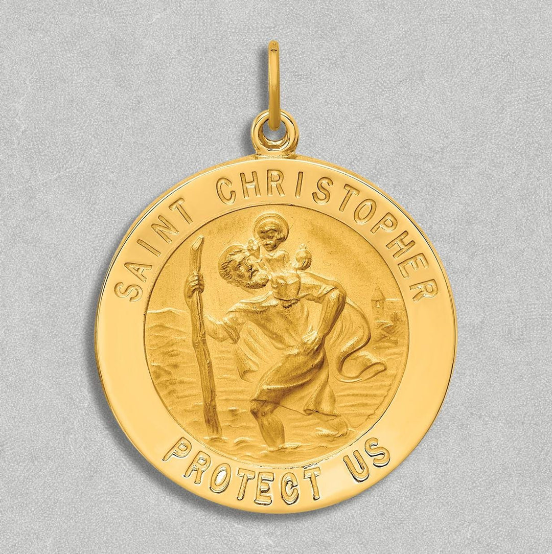 14K Solid Large Round St. Christopher Medal pendant - Custom Engravable with Necklace Chain Options