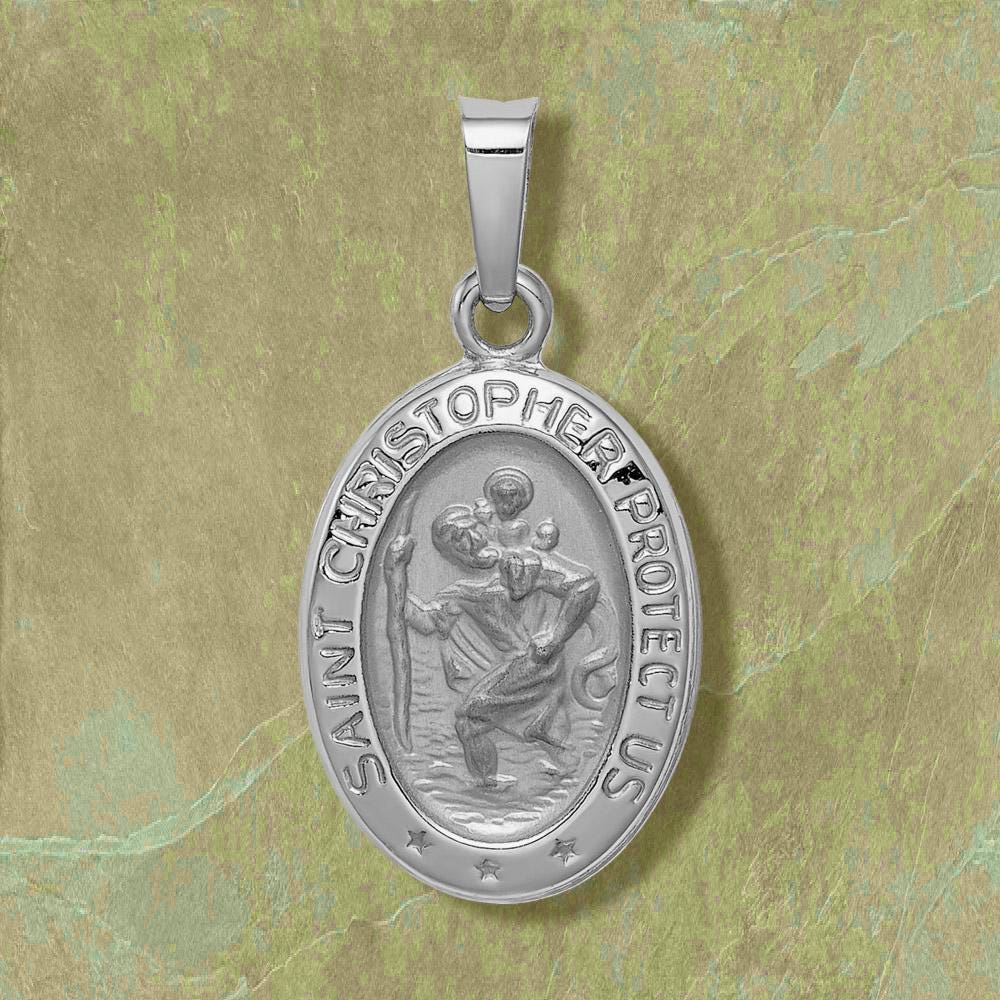 14k White Gold Oval Saint Christopher Medal Charm Pendants - Small sizes - with Necklace Chain Options