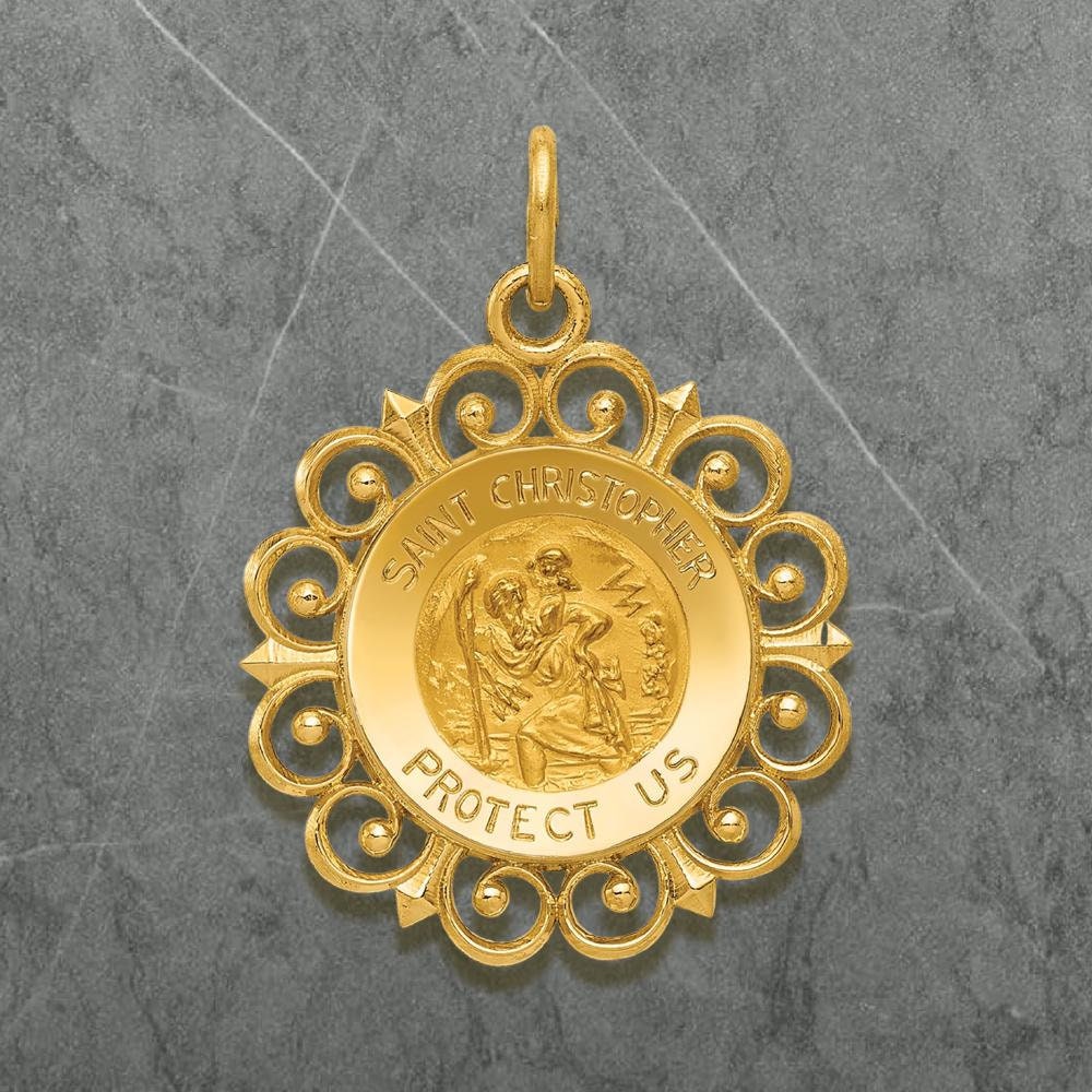14K Gold Saint Christopher Medal Charm Pendants with Filigree Fancy Border Frame - with Necklace Chain Options