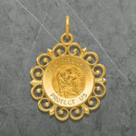 Load image into Gallery viewer, 14K Gold Saint Christopher Medal Charm Pendants with Filigree Fancy Border Frame - with Necklace Chain Options
