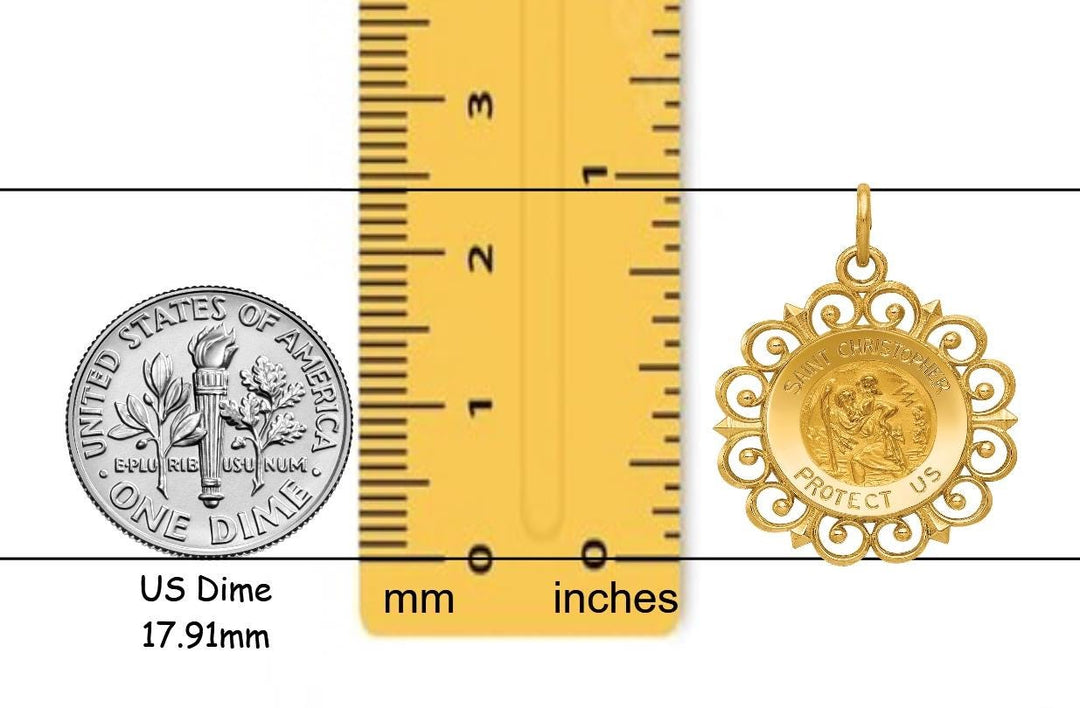 14K Gold Saint Christopher Medal Charm Pendants with Filigree Fancy Border Frame - with Necklace Chain Options
