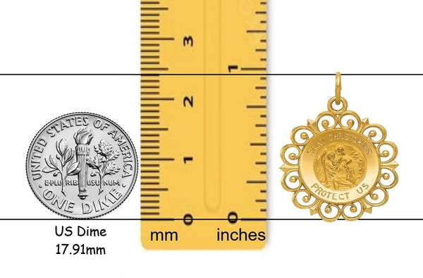14K Gold Saint Christopher Medal Charm Pendants with Filigree Fancy Border Frame - with Necklace Chain Options