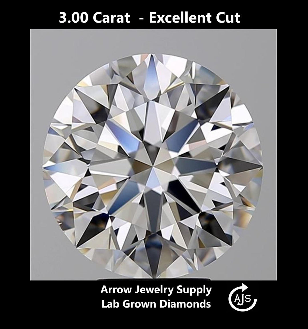 Certified 3 Carat Round Lab Grown Diamond  - Excellent Cut - Select from Clarity/Color Grades: VVS1 D VVS2 E VS1 F VS2 G H