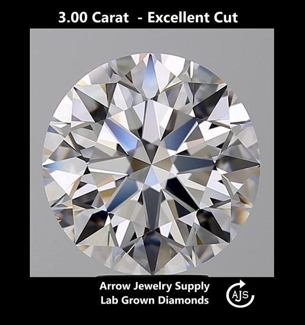 Certified 3 Carat Round Lab Grown Diamond  - Excellent Cut - Select from Clarity/Color Grades: VVS1 D VVS2 E VS1 F VS2 G H