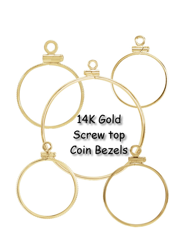 14K Gold Coin Bezel Necklace Pendant Frame - Plain Polished Screw Top in Sizes 13mm up to 41.5mm