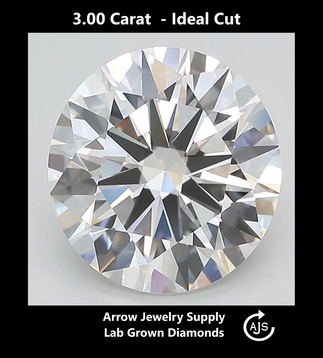 Certified 3 Carat Round Lab Grown Diamond  - Ideal Cut - Select from Clarity/Color Grades: VVS1 D VVS2 E VS1 F VS2 G H