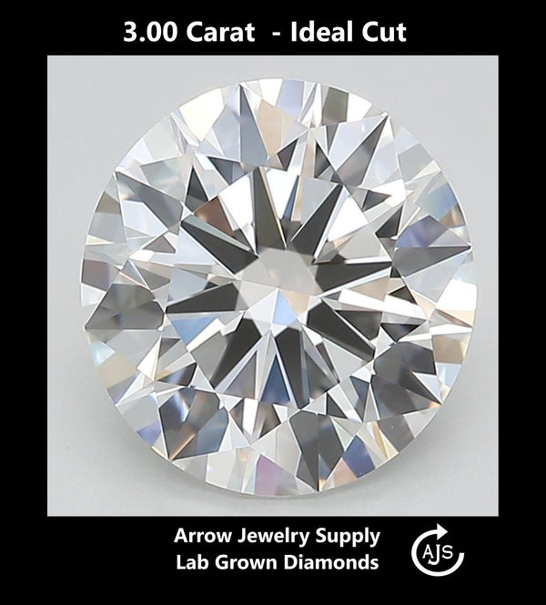 Certified 3 Carat Round Lab Grown Diamond  - Ideal Cut - Select from Clarity/Color Grades: VVS1 D VVS2 E VS1 F VS2 G H