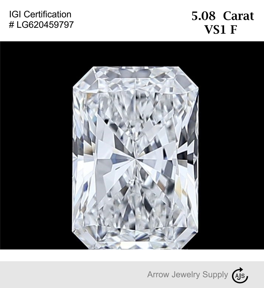 5 Carat Certified Lab Grown Radiant Cut Loose Diamond Clarity/Color VS1 F - with IGI Certification