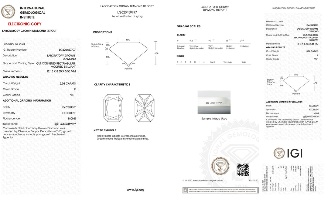 5 Carat Certified Lab Grown Radiant Cut Loose Diamond Clarity/Color VS1 F - with IGI Certification