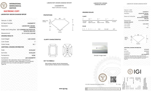 5 Carat Certified Lab Grown Radiant Cut Loose Diamond Clarity/Color VS1 F - with IGI Certification