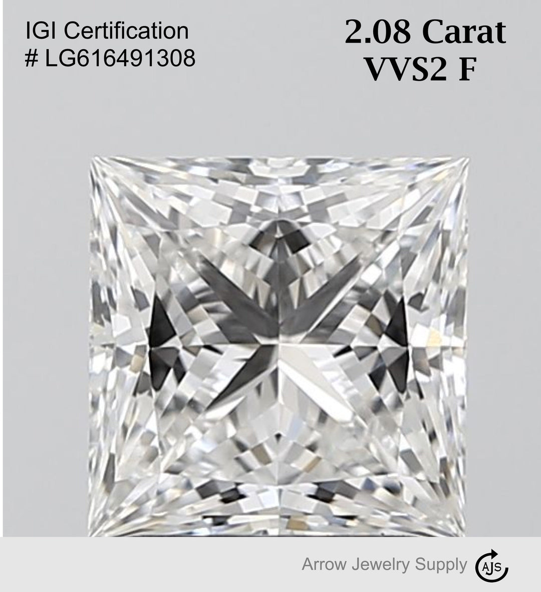 Certified 2 Carat Princess cut Lab Grown Loose Diamond Clarity/Color VVS2 F - IGI Certification