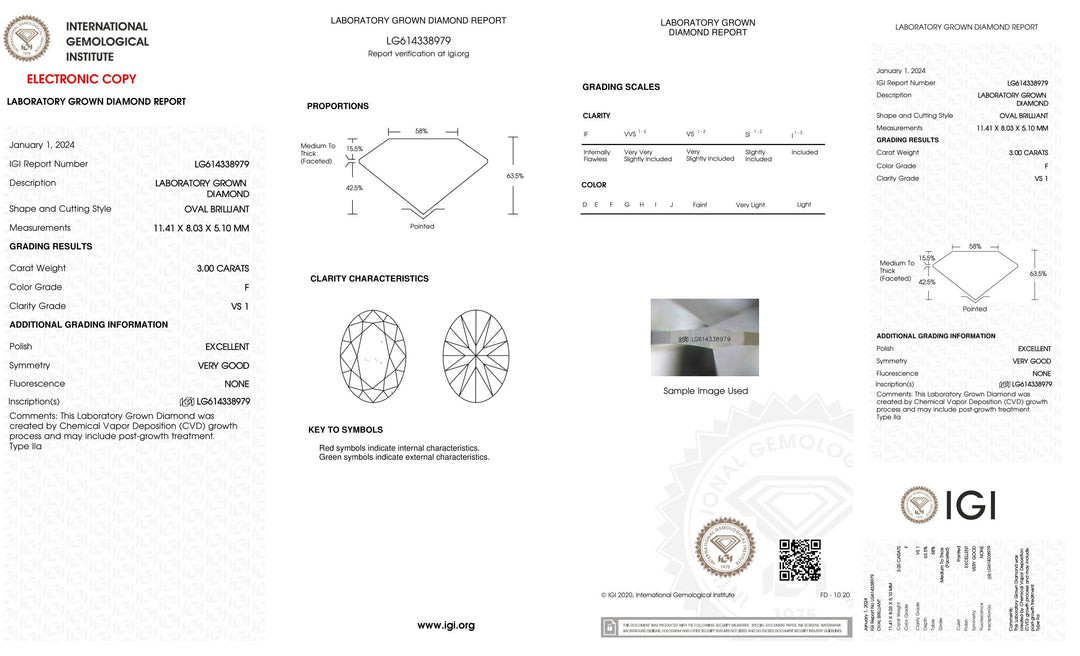 Certified 3 Carat Oval cut Lab Grown Loose Diamond Clarity/Color VS1 F - with IGI Certification