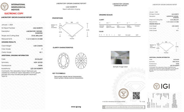 Certified 3 Carat Oval cut Lab Grown Loose Diamond Clarity/Color VS1 F - with IGI Certification