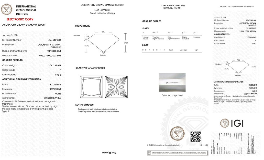 Certified 2 Carat Princess cut Lab Grown Loose Diamond Clarity/Color VVS2 F - IGI Certification