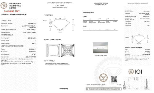 Certified 2 Carat Princess cut Lab Grown Loose Diamond Clarity/Color VVS2 F - IGI Certification