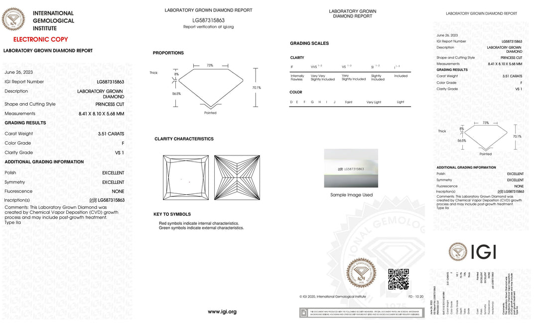 Certified 3.50 Carat Princess cut Lab Grown Loose Diamond Clarity/Color VS1 F - IGI Certification