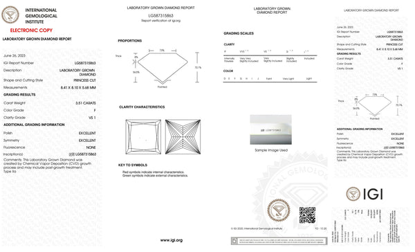 Certified 3.50 Carat Princess cut Lab Grown Loose Diamond Clarity/Color VS1 F - IGI Certification