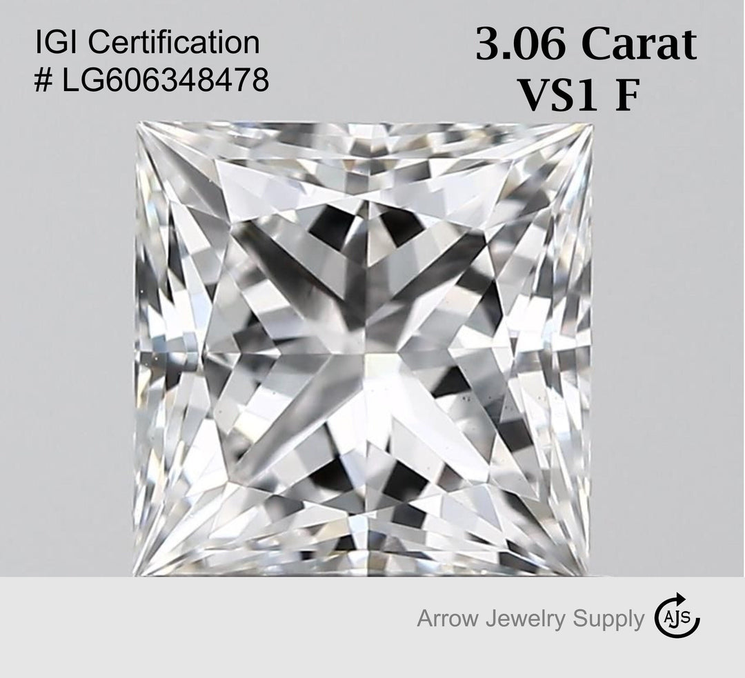 Certified 3 Carat Princess cut Lab Grown Loose Diamond Clarity/Color VS1 F - IGI Certification Lab Report