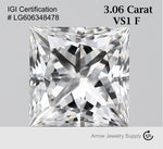Load image into Gallery viewer, Certified 3 Carat Princess cut Lab Grown Loose Diamond Clarity/Color VS1 F - IGI Certification Lab Report
