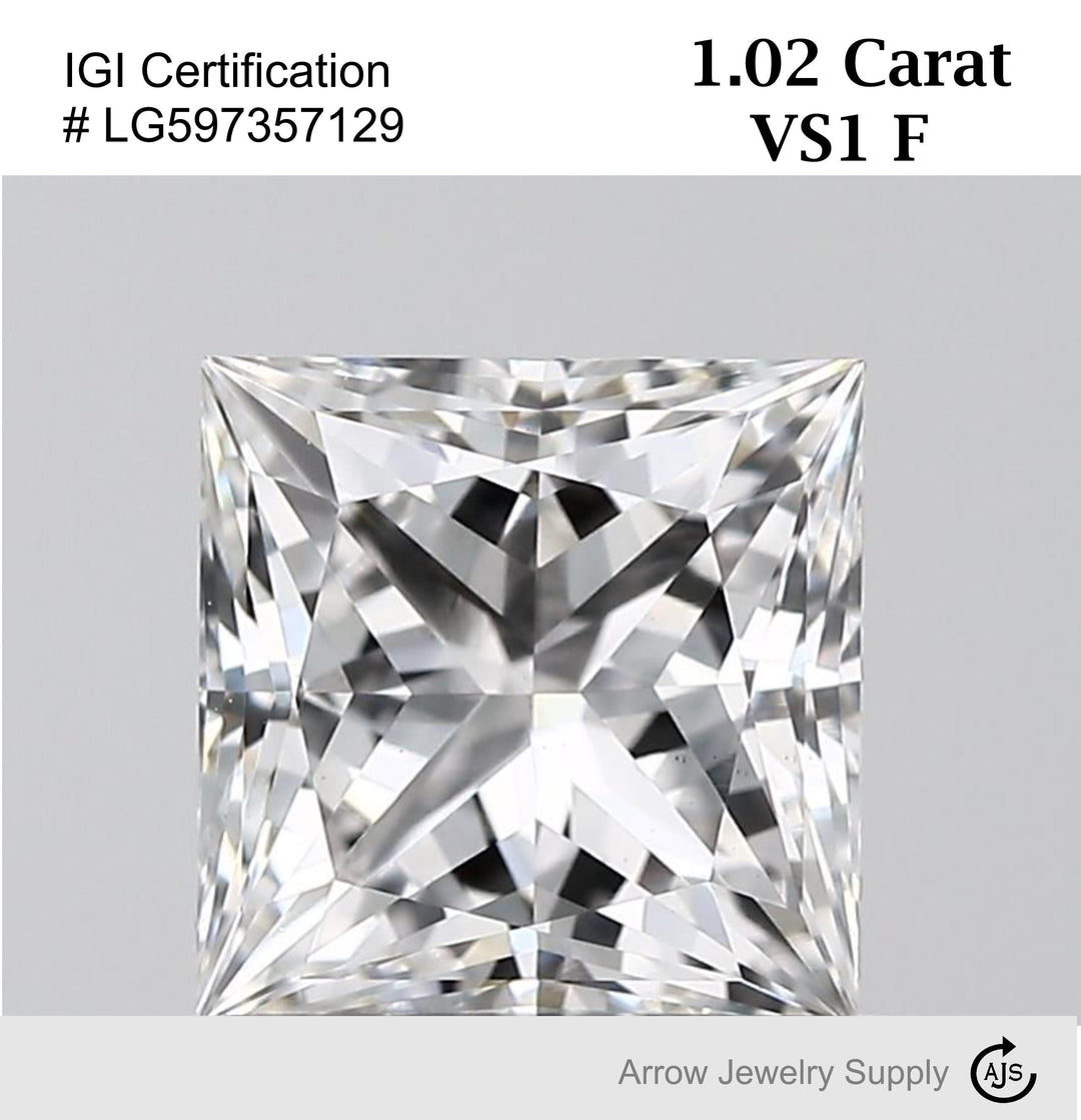 1 Carat Certified Lab Grown Princess Cut Loose Diamond Clarity/Color VS1 F - IGI Certification Lab Report
