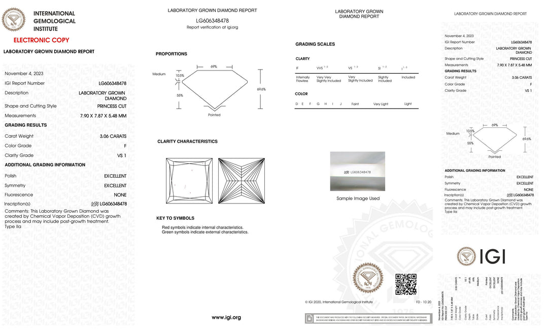 Certified 3 Carat Princess cut Lab Grown Loose Diamond Clarity/Color VS1 F - IGI Certification Lab Report