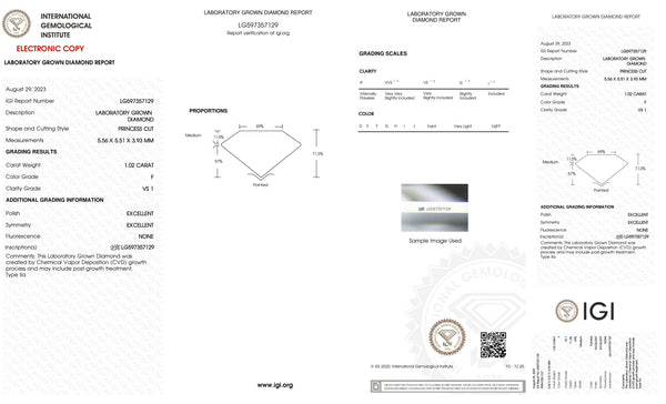 1 Carat Certified Lab Grown Princess Cut Loose Diamond Clarity/Color VS1 F - IGI Certification Lab Report