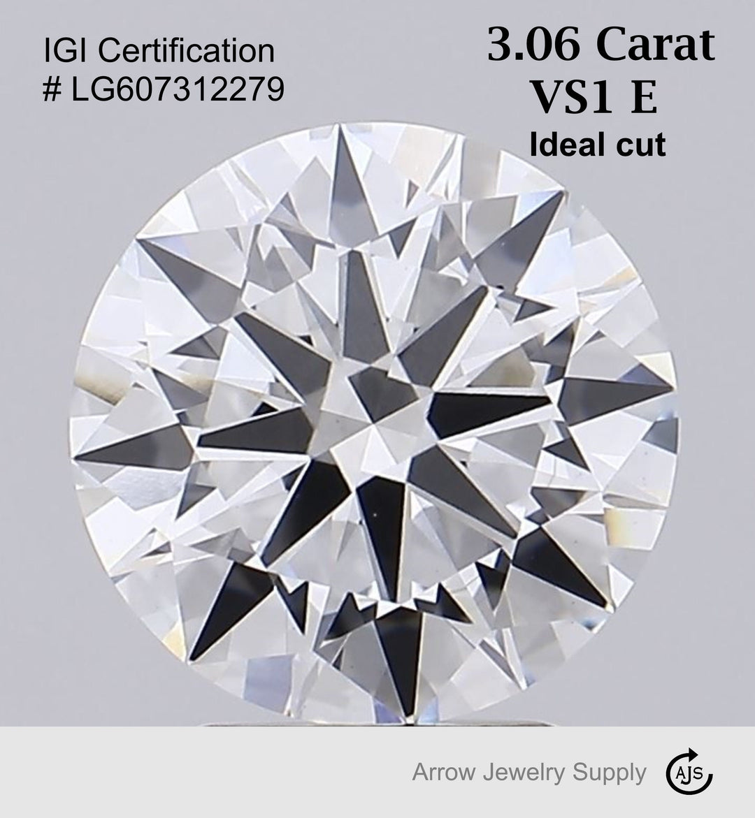 Certified 3 Carat Round Lab Grown Loose Diamond Color/Clarity VS1 E with IGI Certification