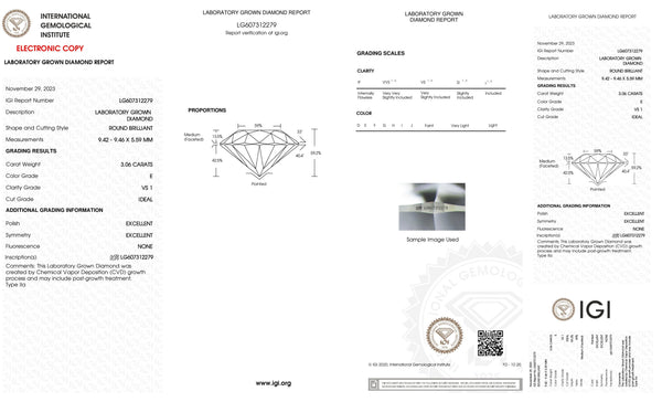 Certified 3 Carat Round Lab Grown Loose Diamond Color/Clarity VS1 E with IGI Certification