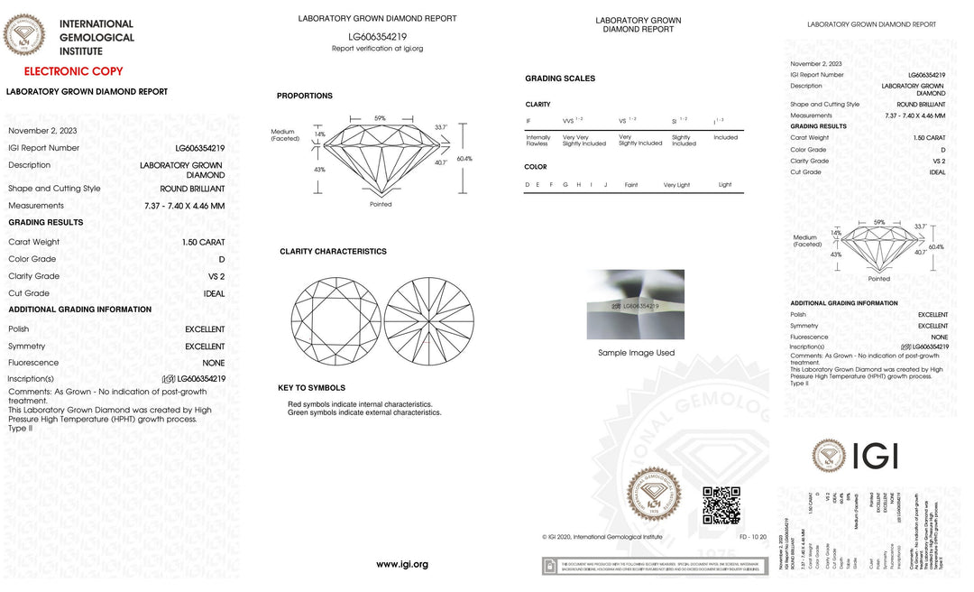 1.50 Carat Certified Lab Grown Round Loose Diamond Clarity/Color VS2 D with IGI Certification Lab Report
