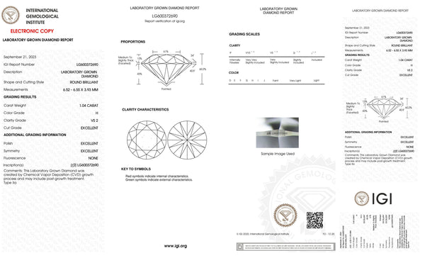 1 Carat Certified Lab Grown Round Loose Diamond Clarity/Color VS2 H with IGI Certification Lab Report