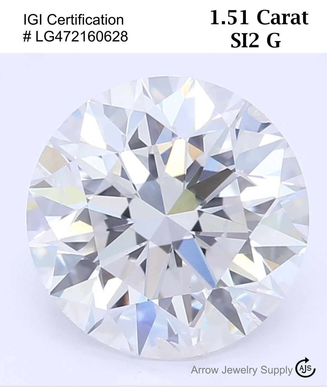 Certified 1.50 Carat Round Lab Grown Loose Diamond Clarity/Color SI2 G - with IGI Certification