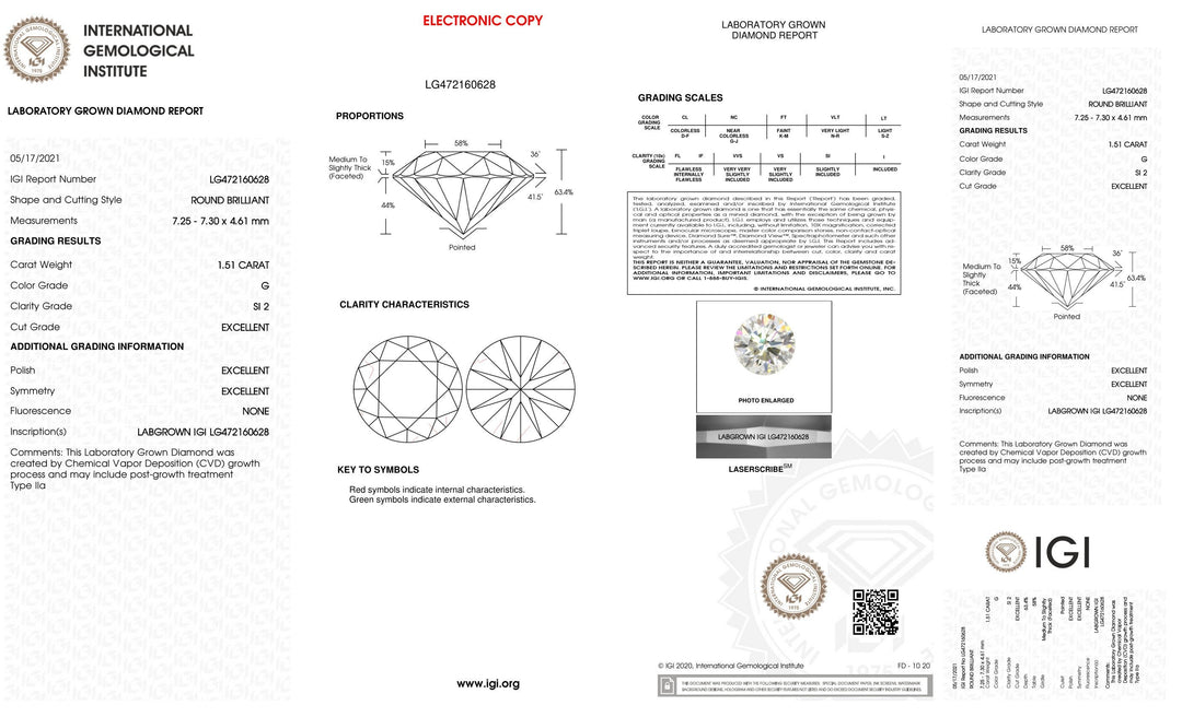 Certified 1.50 Carat Round Lab Grown Loose Diamond Clarity/Color SI2 G - with IGI Certification